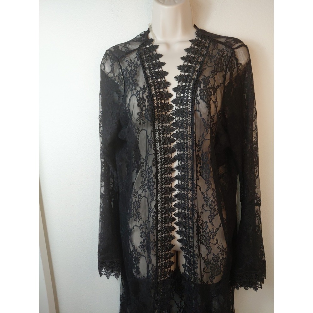 Polly Esther Duster Kimono Women L Black Floral Sheer Lace Bell Sleeve Cardigan